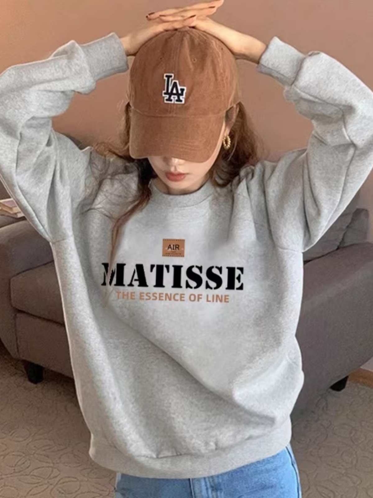 Small K-style round Neck Sweatshirt Female Velvet Padded Loose Tops 2025 Spring & Fall New Gray Casual Pullover Coat