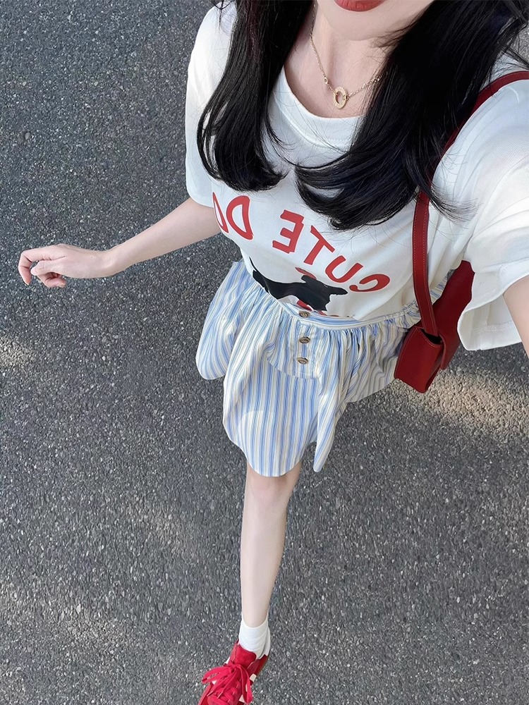 K-style Stylish Chic Cartoon Cat Printing Short Sleeve T-shirt Female Summer New Arrival Loose Casual Anti-Aging Top Ins