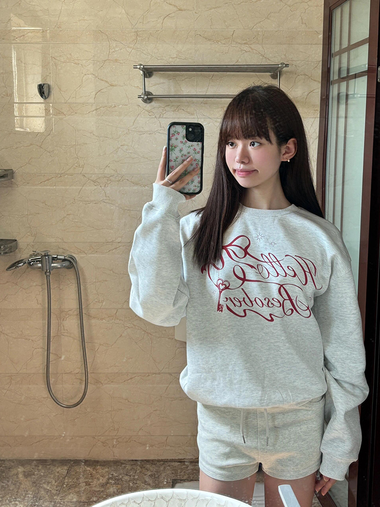 American Retro Velvet Padded Thickened Sweater Women 2025 Spring & Fall New Arrival Letter Print round Neck Loose Lazy Style Top