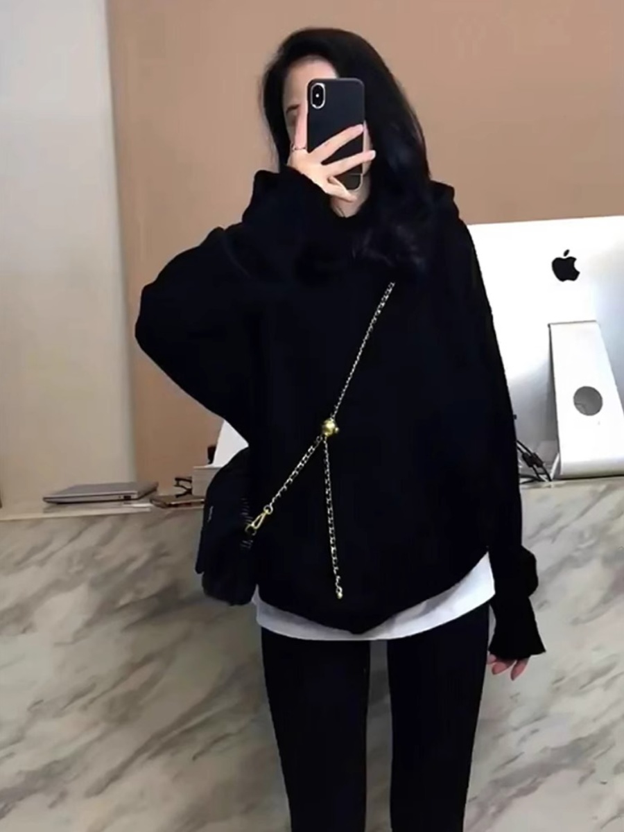 American Retro Black Hoodie Women's Spring & Fall Thin Loose Cold Style Fancy Western Style Petite Top