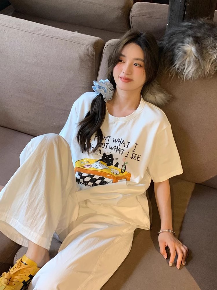 Cartoon Cat Letter Print Short-Sleeve T-shirt Female Summer Stylish Niche Style Chic round Neck Loose Slim Looking Tops