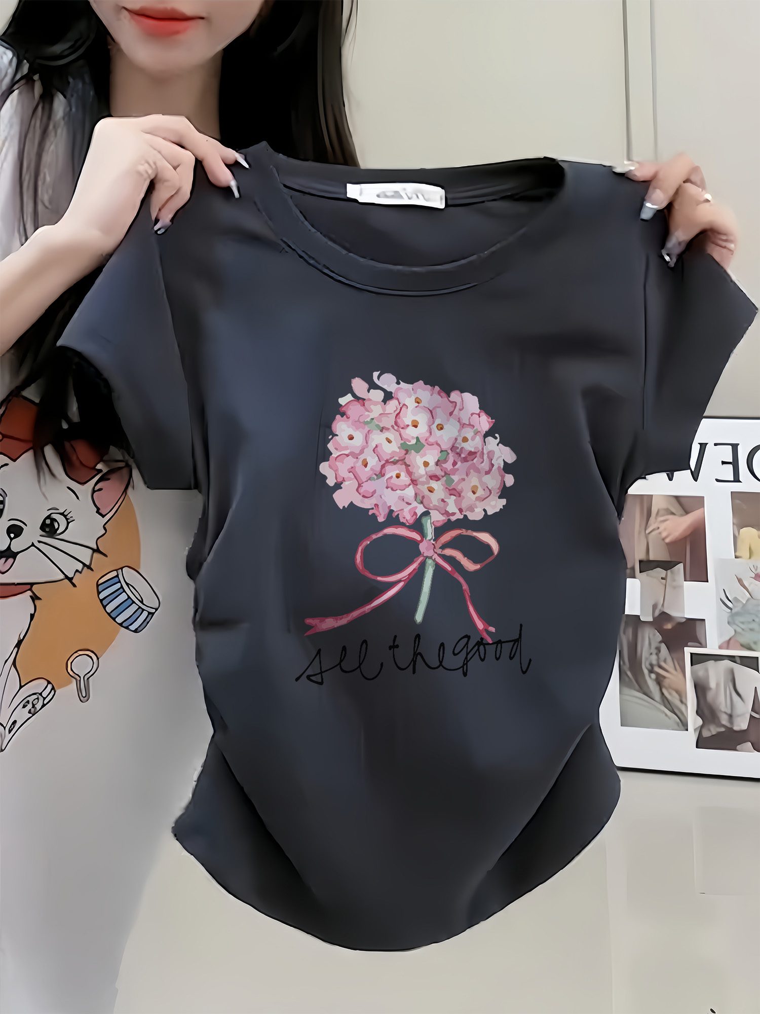 French Style Silm Slim Looking Flower Print T-shirt Female Summer Niche Stylish Pure Cotton round Neck Shoulder Bow Top