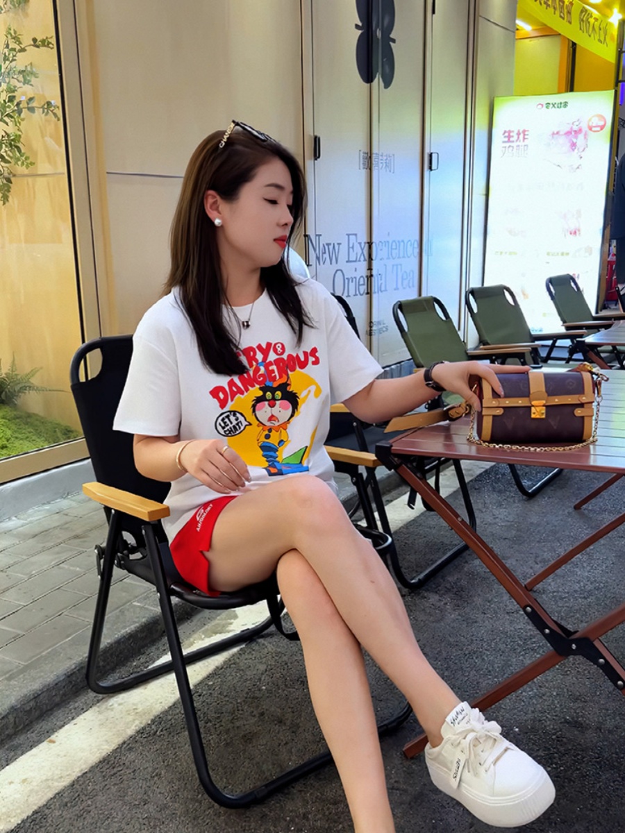 European Station Pure Cotton Short Sleeve Spring Cat Letter Print 2025 New Arrival Short Sleeve Casual Easiest for Match Figure Flattering T-shirt Top
