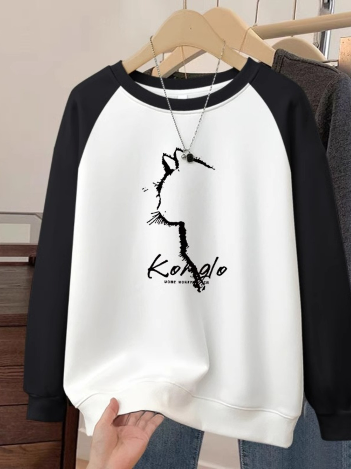 American Style Loose Inner Wear Contrast Color Raglan Sleeve round Neck Sweatshirt Female 2025 New Arrival Fleece-lined Thickened Petite Top