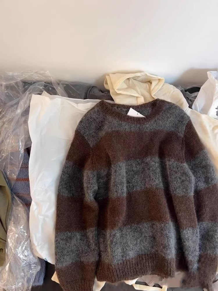 American Retro Coffee Color with Stripes Mohair Knitwear 2025 Spring Women's Atmosphere Classy Easiest for Match Slimming Sweater