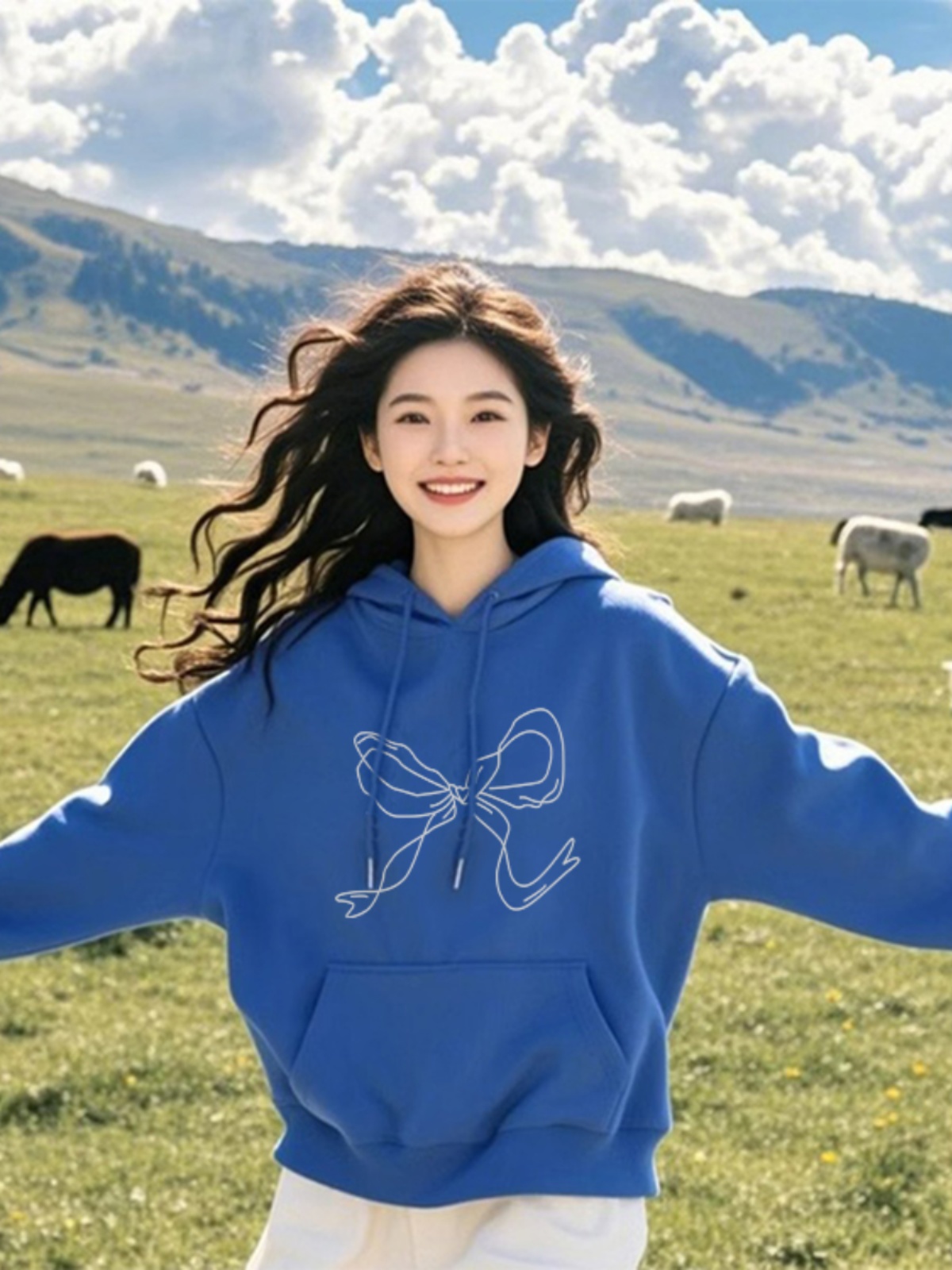 Bows Printed Hoodie Women's Spring and Autumn 2025 New Arrival Korean Fancy Lazy and Loose Long Sleeves Tops