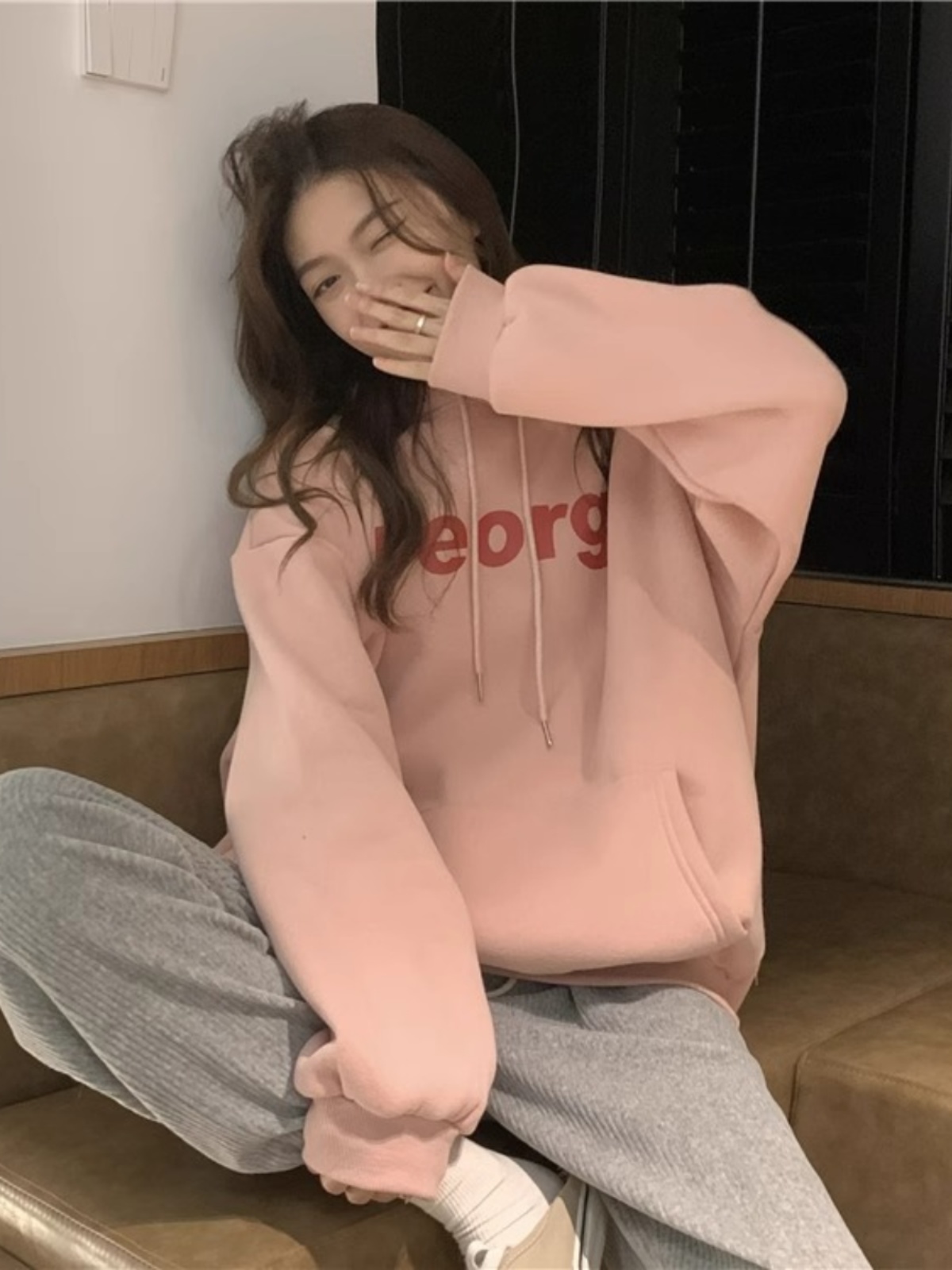 K-style Retro Pink Hooded Sweatshirt Female 2025 Spring and Autumn Fleece Thicken Lazy Style Anti-Aging Casual Jacket