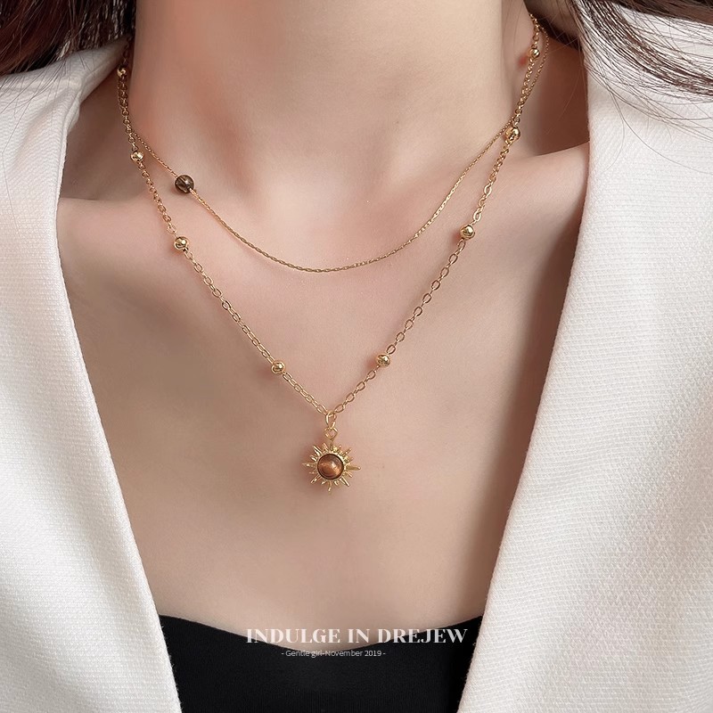 Double-Layer Twin Gold Sweater Chain Accessible Luxury Fancy SUNFLOWER Tiger Eye Necklace Women's 2025 New Arrival Necklace
