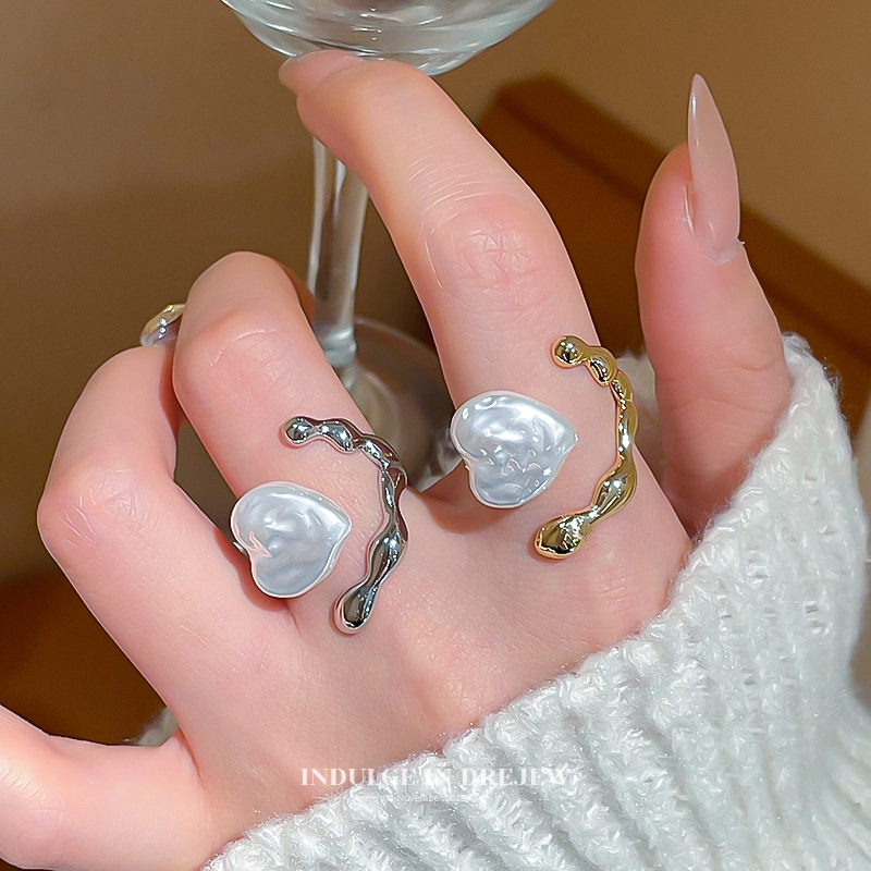 Retro Style Ruched Heart Open-End Pearl Ring Female Design Special Interest Light Luxury Fancy Stylish Index Finger Ring