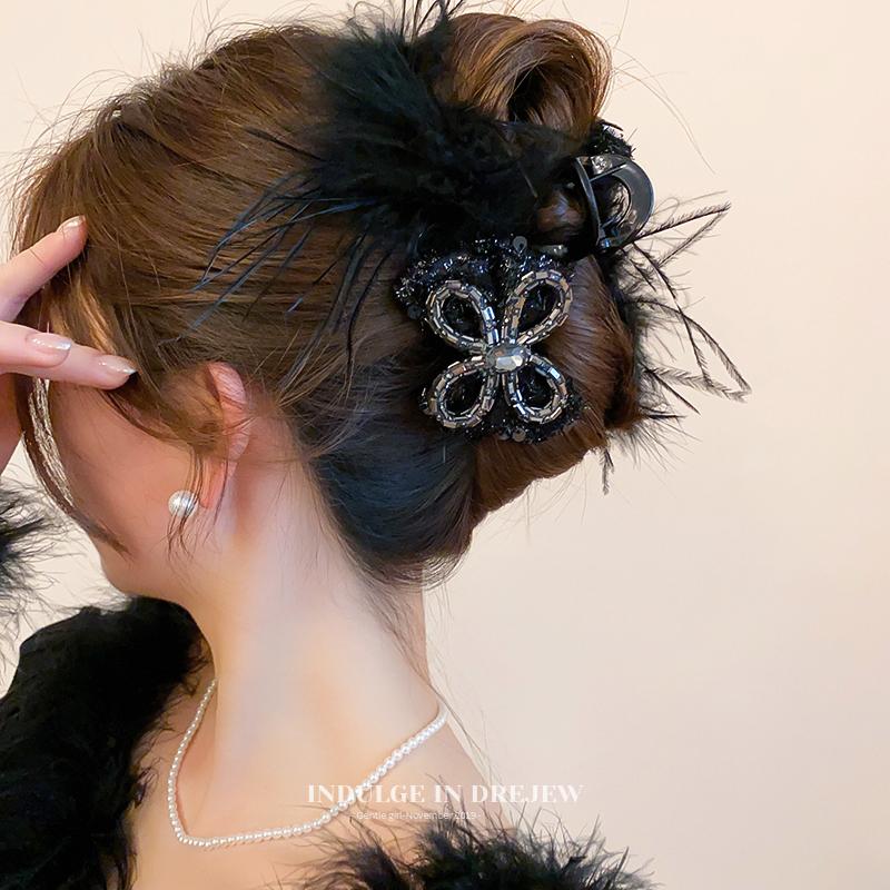 Black Bows Feather Grip Female New Arrival Large Shark Clip Classy Barrettes Back Head Winter Hairware