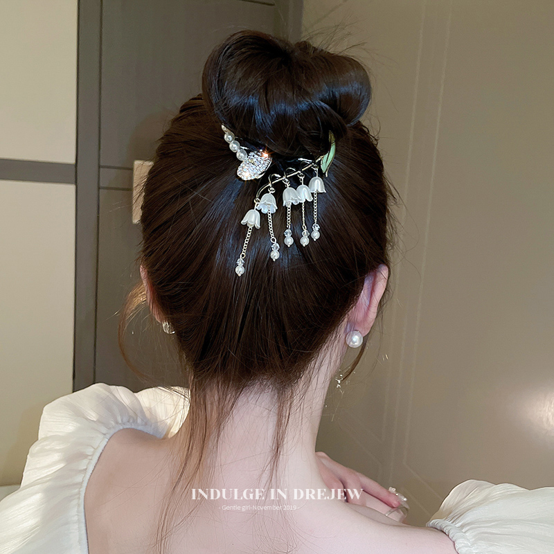 Exquisite Linglan Flower Pearl Tassel Hairpin Chinese Ancient Style Grip Fairy Shark Clip Back Head Classy Hair Accessories for Women