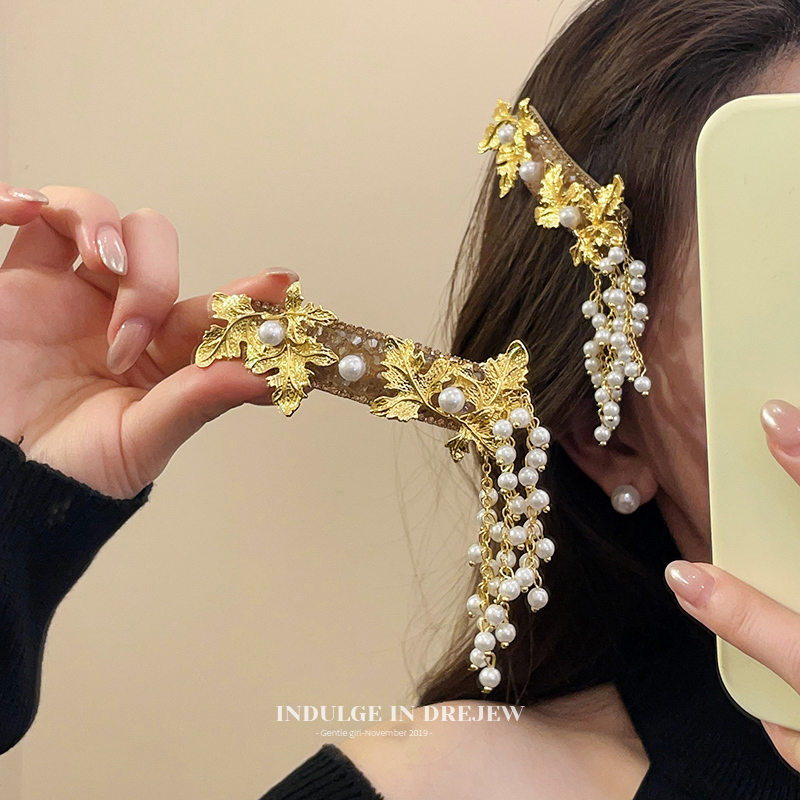Gold Leaf Pearl Long Fringe Barrettes Female Fancy 2025 New Arrival Side Fringe Bobby Pin Hairware
