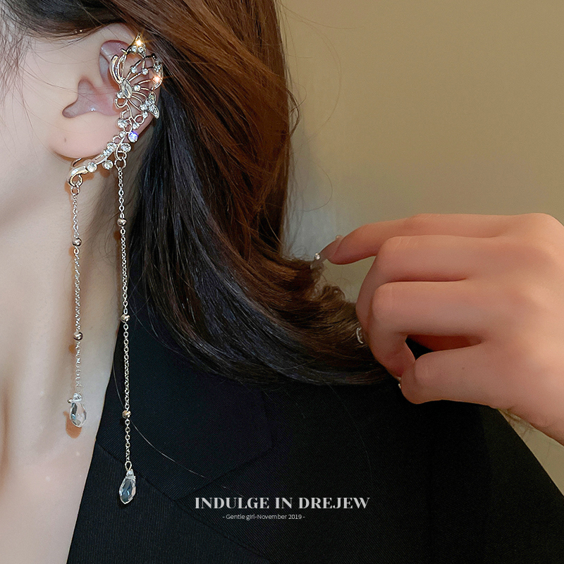 Butterfly Tassel Ear Hanging Female Fancy Unique Ear Clip without Piercing Female New Arrival Niche Design Earrings for Bride