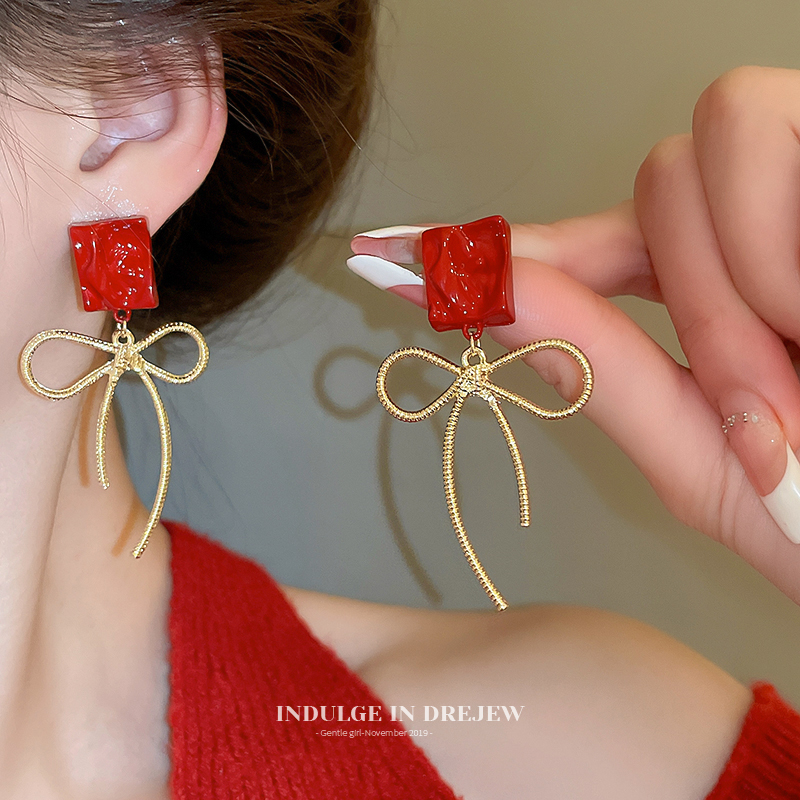 Bow Stud Earrings Accessible Luxury Fancy Unique Earrings 2025 New Arrival Feminine Square Red New Year Earrings