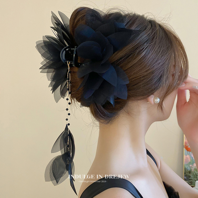 Black Flower Barrettes Female 2025 New Arrival Classy Ribbon Chinese Ancient Style Grip Costume Classical Dance Han Dynasty Tassel Hair Accessories