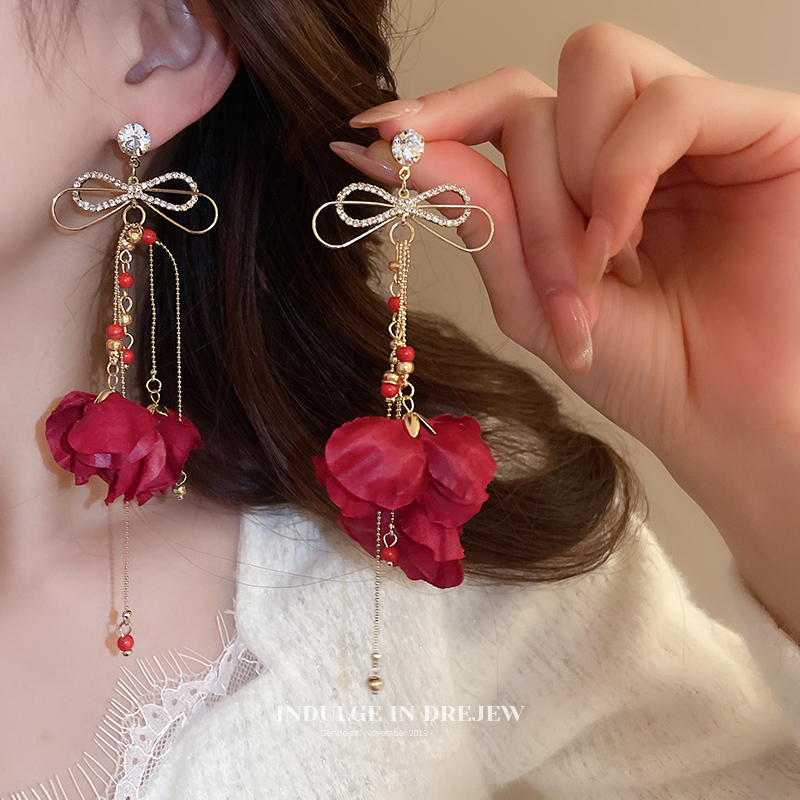 Original Retro Style Red Flower Bow Tie Tassel Earrings for Women Accessible Luxury Fancy Elegant Earrings Exaggerated Earrings