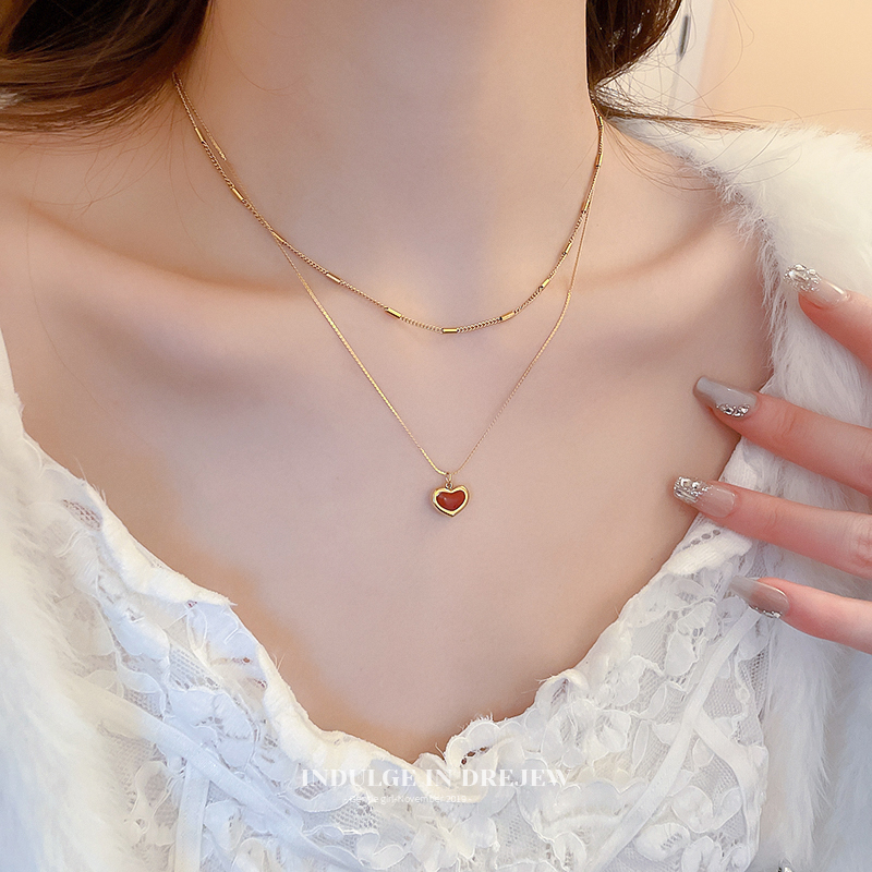 Titanium Steel Drop Oil Heart Pendant Necklace Fancy Light Luxury Minority Clavicle Chain Double Layer Twin Elegant Necklace Accessories