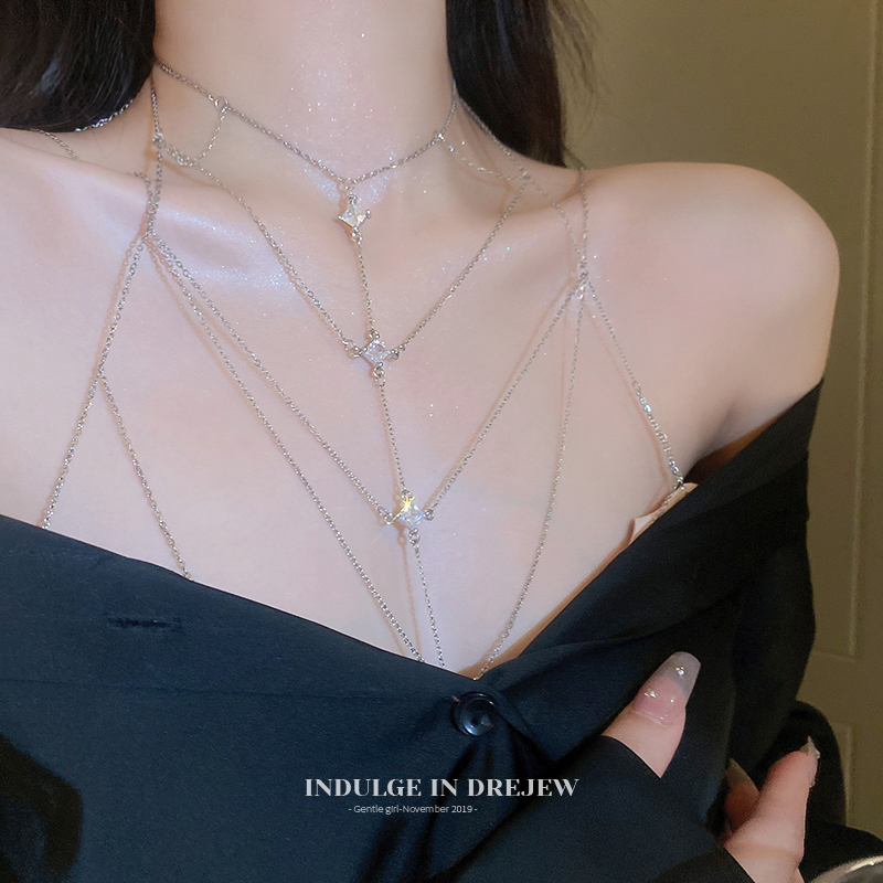 Silver Chest Necklace Body Chains Ornament Fancy Necklace for Women 2025 New Arrival Best Selling Sexy Clavicle Chain Accessories