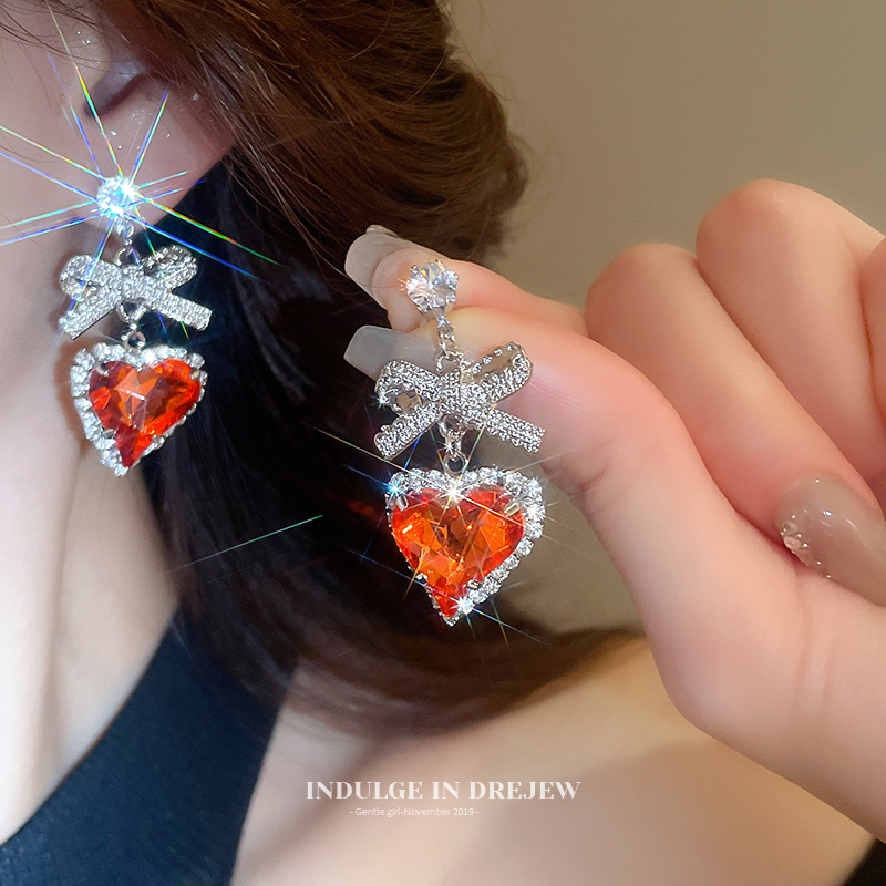 Vintage Bow Love Heart Stud Earrings Women's Niche Design Elegant Earrings Eardrops Accessible Luxury Fancy Middle-Ancient Earrings