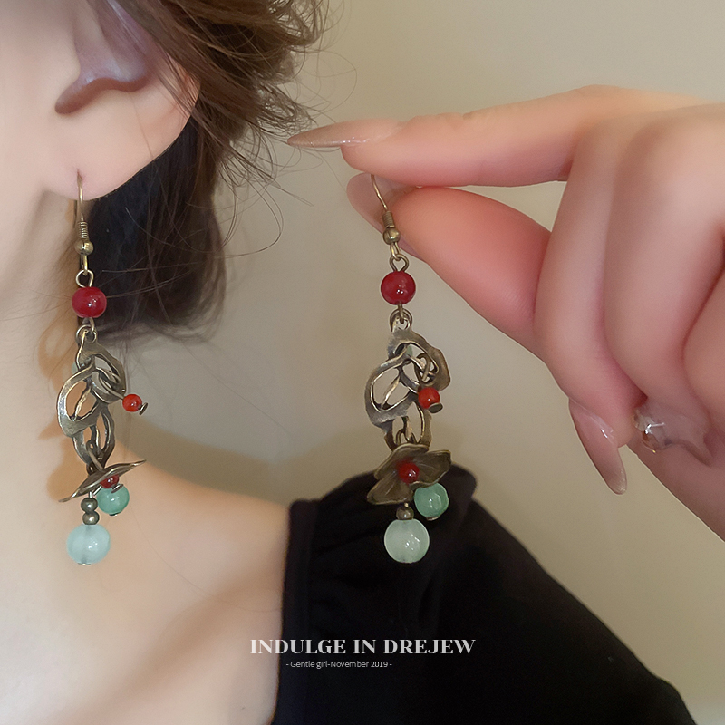 New Chinese Flower Tassel Earrings for Women Retro Distressed Niche Design Ear Hook Eardrops Elegant Ethnic Earrings