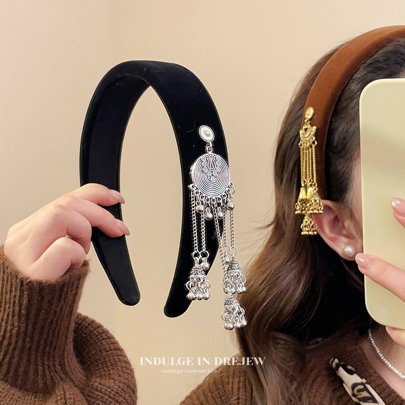 Summer Retro Ethnic Style Velvet Bell Tassel Headband Women's 2025 New Arrival High Skull Top Headband Elegant Hair Accessories