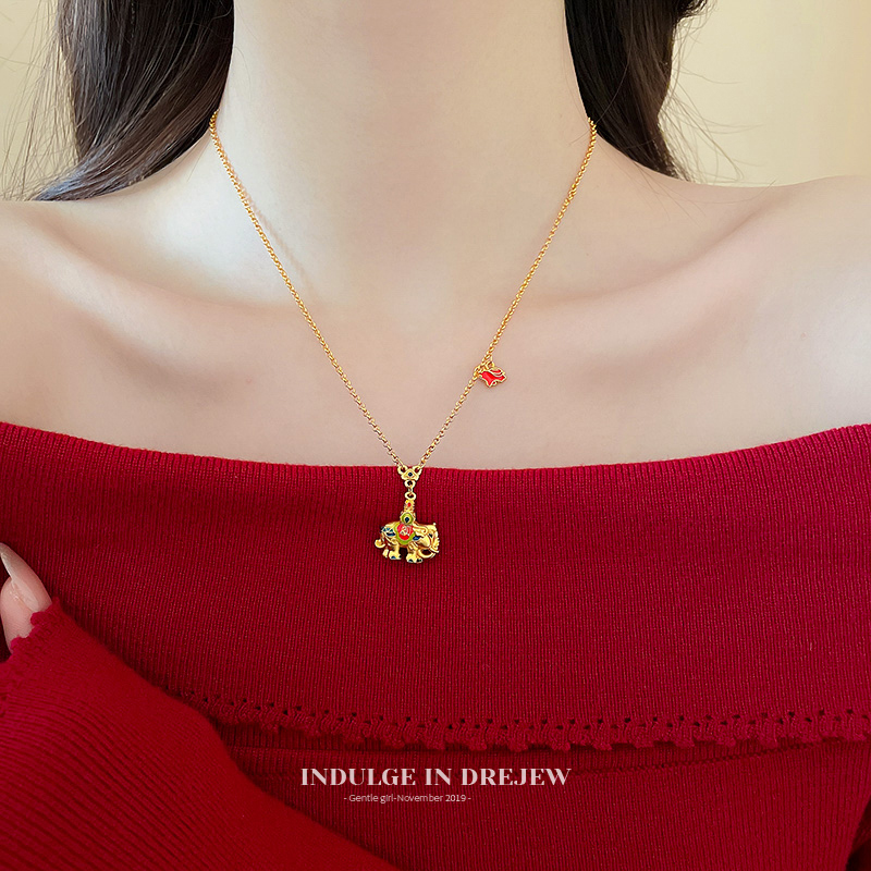 New Chinese Style Gold Drop Oil Fu Character Elephant Necklace for Women 2025 New Arrival Light Luxury Minority Clavicle Chain Sweater Accessories