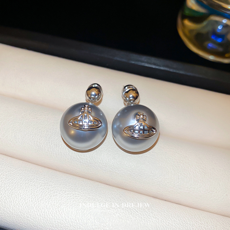 Silver Gray Saturn Pearl Stud Earrings Light Luxury High-Grade Elegant Earrings New Simple Exaggerated Two-Piece Earrings