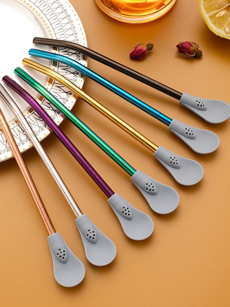 Creative New Arrival Straw Spoon Yuechuang Environmental-Friendly Silicone Soft Spoon Head Easy to Clean Stainless Steel Milk Tea Tube Tea Drinking Tube