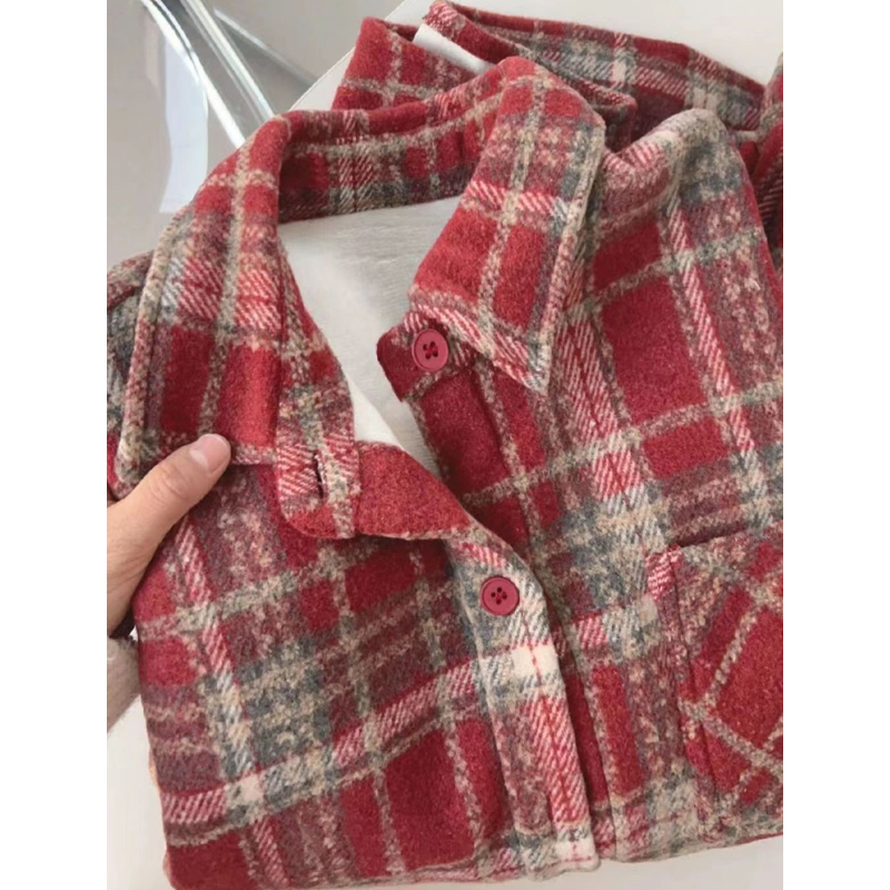European Goods Plus Size Wine Red Brushed Plaid Shirt Women's Spring and Autumn Loose Casual Slimming Shirt Easiest for Match Tops Fashion