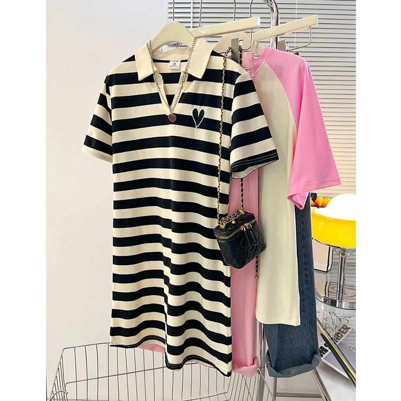 Plus Size Plus Size Ladies 1.00 Kg-150.00 kg Lapel Short Sleeve Dress Women's Summer Stylish Loose Slim Looking Polo Collar T-shirt Skirt