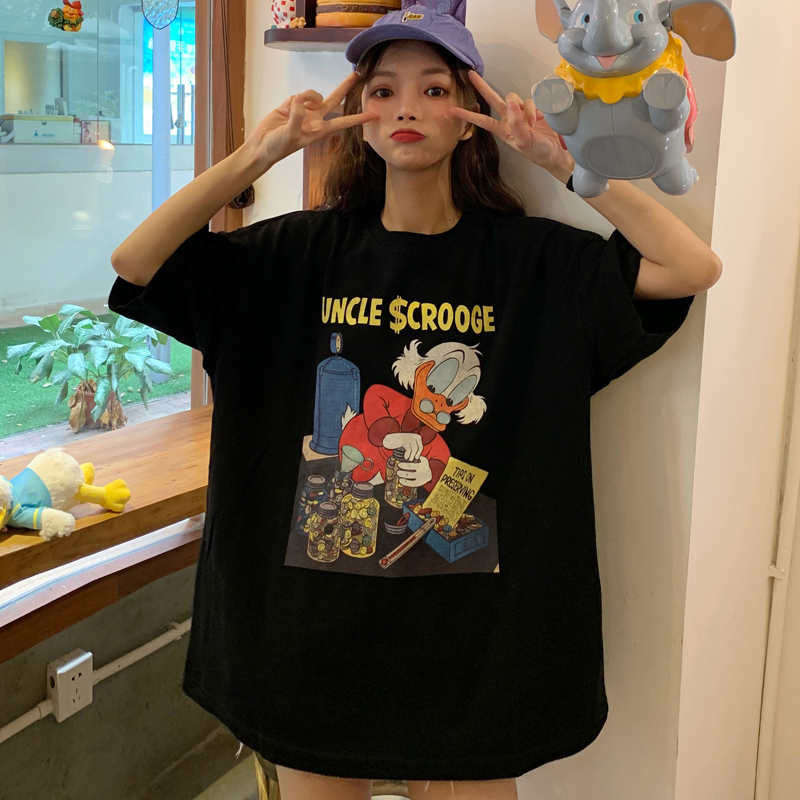 Chubby Girl Plus Size Short Sleeve T-Shirt Female Loose Belly-Covering Harajuku Laid-Back Style Dark Donald Duck 120.00kg Slim Looking Tops
