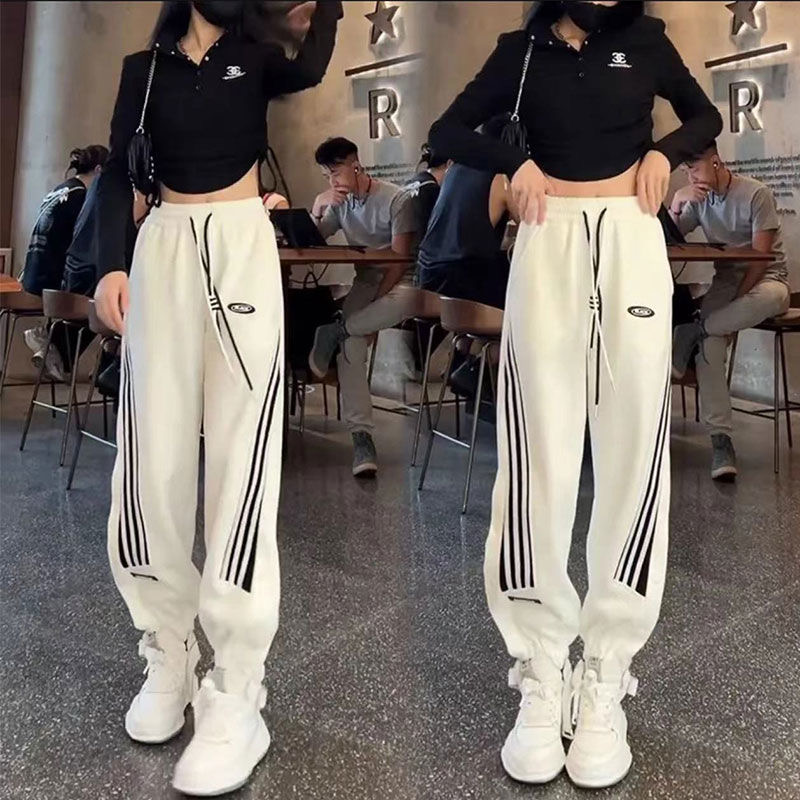 European Goods Plus Size 1.00 Kg-150.00 kg Fat Girl White Sweatpants Women's Summer New Arrival High Waist Fashion Three Stripes Casual Sports Pants