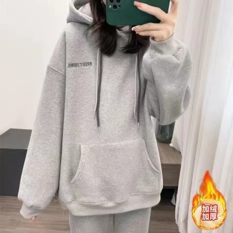 Plus Size Ladies Plus Size 1.00 Kg-150.00 kg Loose BF Loose Hoodie Female American Retro Thickened Hooded Alpaca Fleece/Fiber Outwear Tide