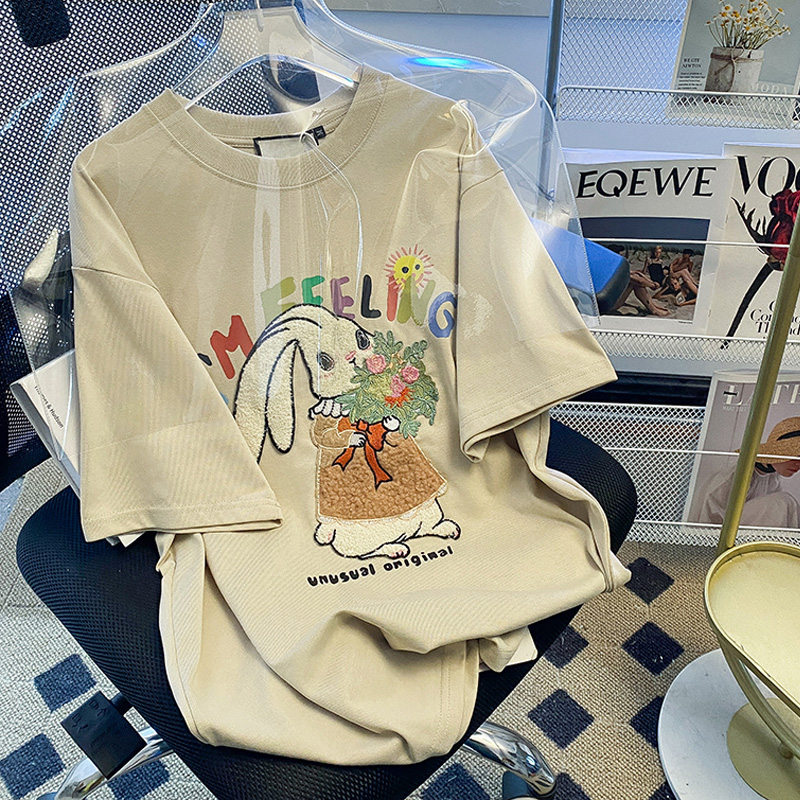 High Street American Style Pure Cotton Short-Sleeved T-shirt Female Ins Trendy Summer New Arrival Rabbit Embroidered Loose Versatile Half-Length Sleeve Top