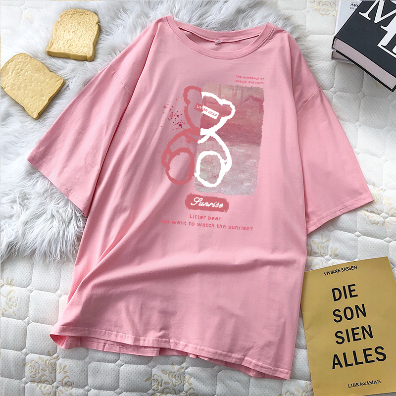 100.00kg Plus Size Ladies Plus Size Heart Bear Short Sleeve T-Shirt Female 2024 New Arrival Summer Loose Oversize Half Sleeve Fashion