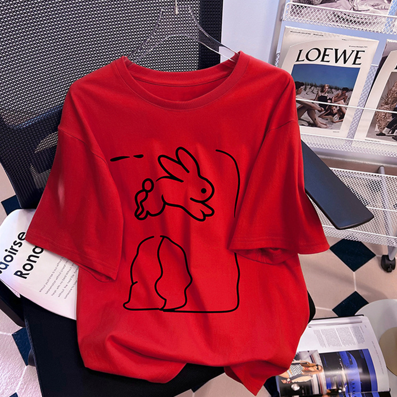 European Goods Large Version 1.00 Kg-150.00 kg New Year Red Rabbit Brushed Short Sleeve T-shirt Female 2024 New Arrival New Year Birth Year Clothes