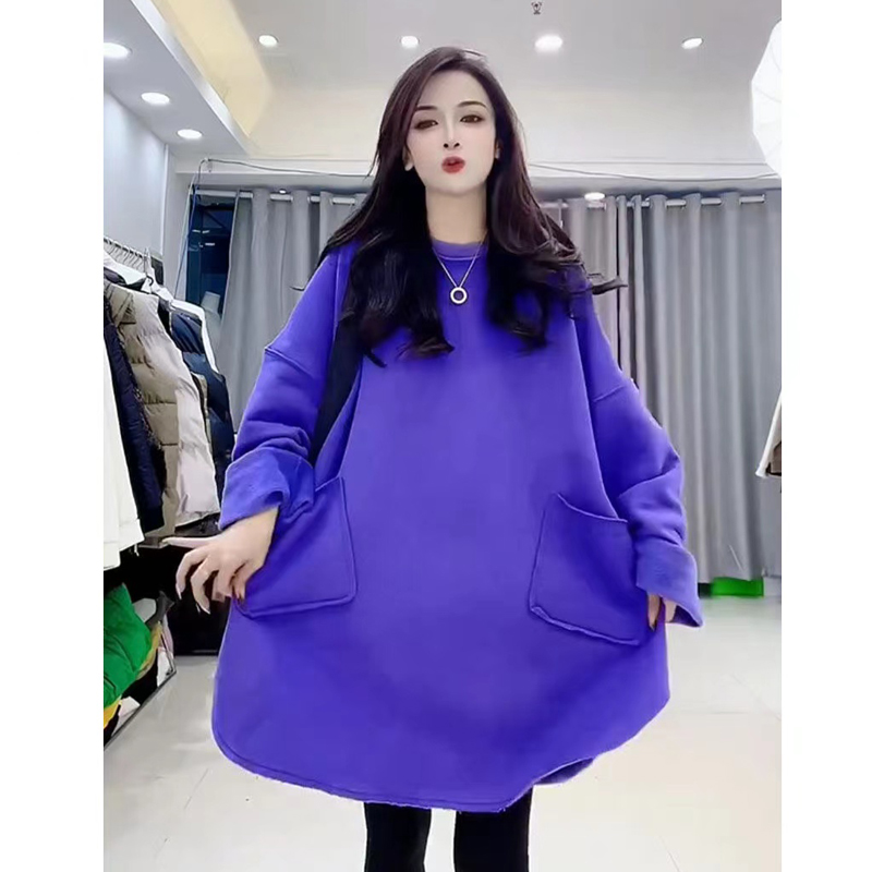 Chubby Girl Extra Large 150.00kg European Goods Winter New Fleece-lined Pocket Design Mid-Length White Cover Meat Sweater Dress