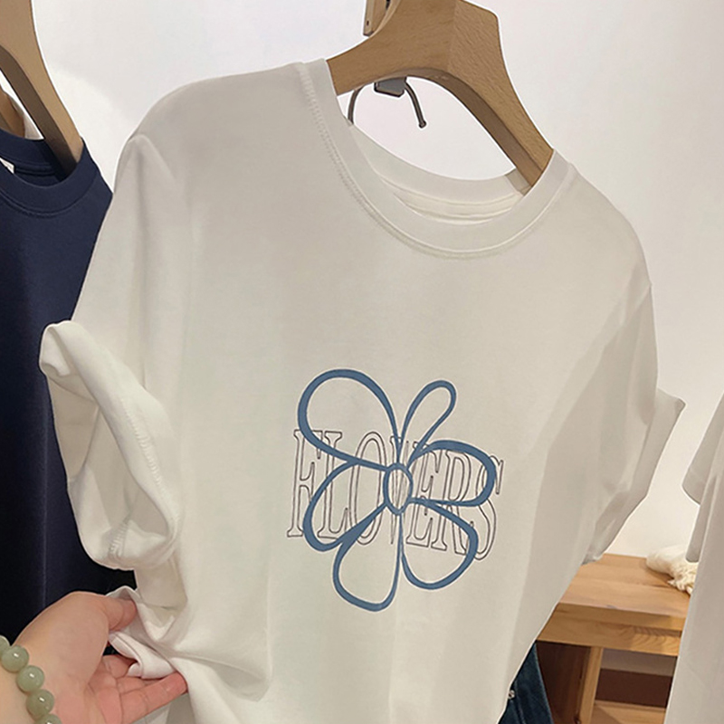 2024 Summer New Arrival Easiest for Match Fun Printing Loose Plus Size Pure Cotton Short-Sleeved T-shirt Female Minimalist Belly Covering Slim Looking