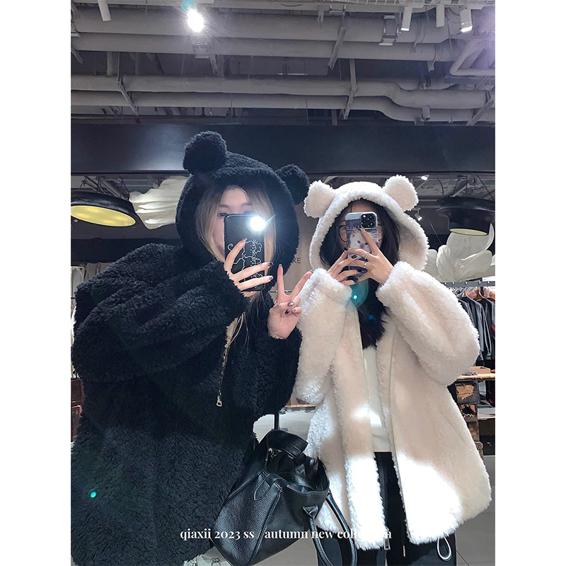 Plus Size Women's Clothing Bear Hooded Long Sleeves Pure Color Outwear Female Winter Warm and Loose Casual Lamb Wool Cardigan Top Female
