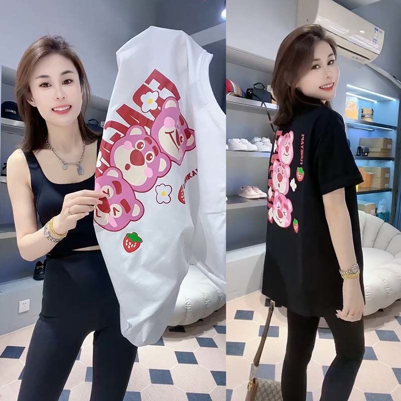 Extra Large Size 1.00 Kg-150.00 kg Plus Size Ladies New Arrival K-style Little Bear Cartoon Casual Western Style All-Matching Slim Looking Short Sleeve T-shirt for Women Summer