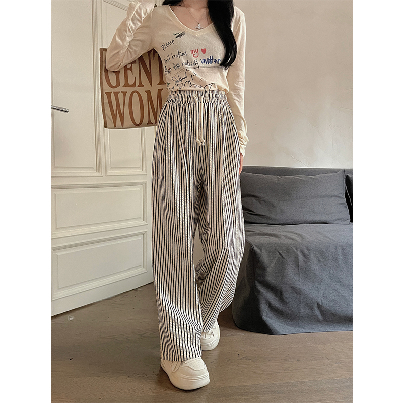 150.00kg Plus Size American Retro Striped Pants Women's Autumn Thin High Waist Loose Drooping Slim Looking Casual Loose Pants