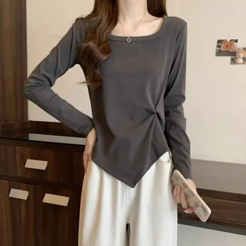 Fall and Winter Shoulder Slim Looking Asymmetrical Twist Long Sleeves T-Shirt Plus Size Ladies Plus Size Pure Cotton Easiest for Match Base Blouse 100.00kg