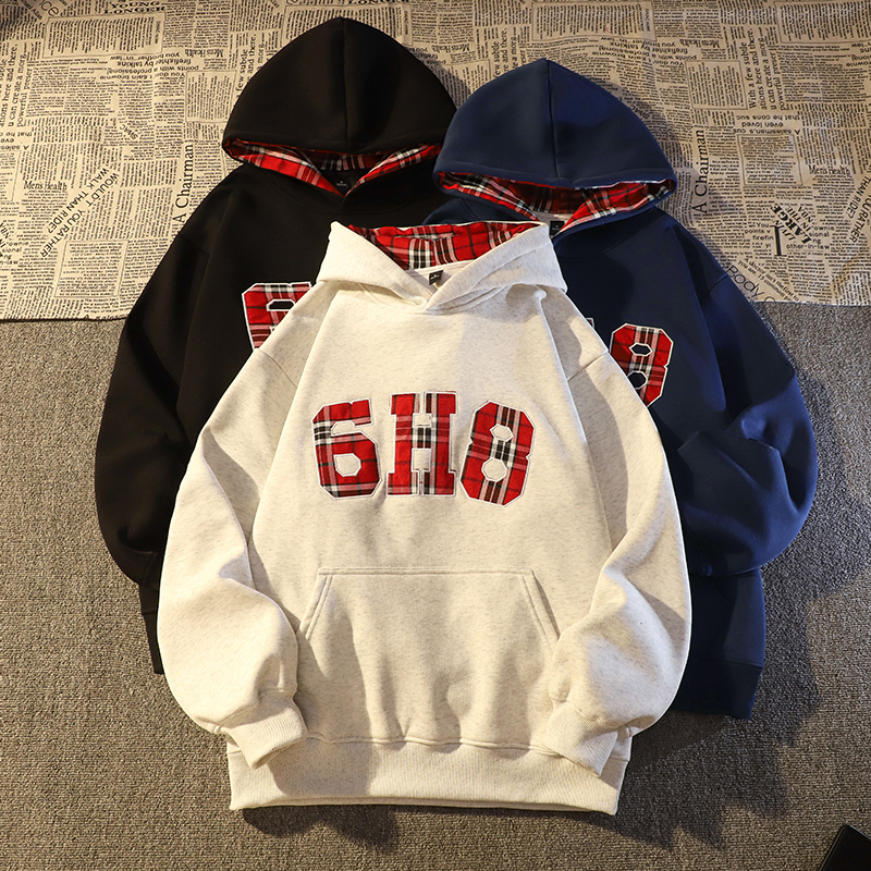 2024 Autumn and Winter Pure Cotton plus Velvet Thickened Hong Kong Flavor Embroidery Plaid Hoodie Women Korean Series Idle Style Thin Outerwear