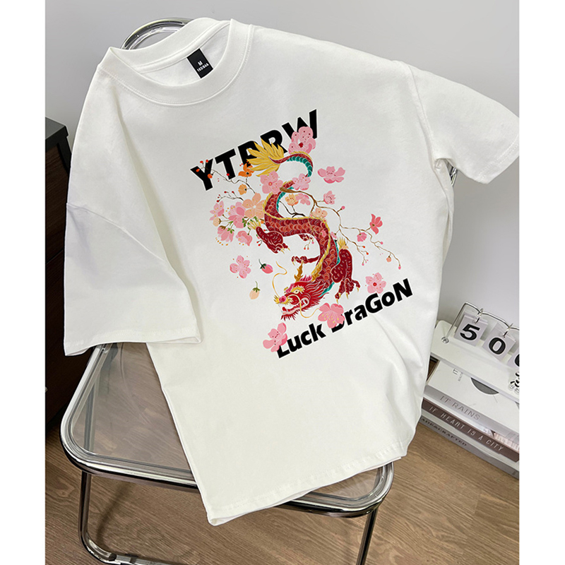2024 Dragon Year New Arrival Spring/Summer Plus Size 150.00Kg Pure Cotton Chinese Fad Short Sleeve T-Shirt Female Loose Design Half Sleeve Tops