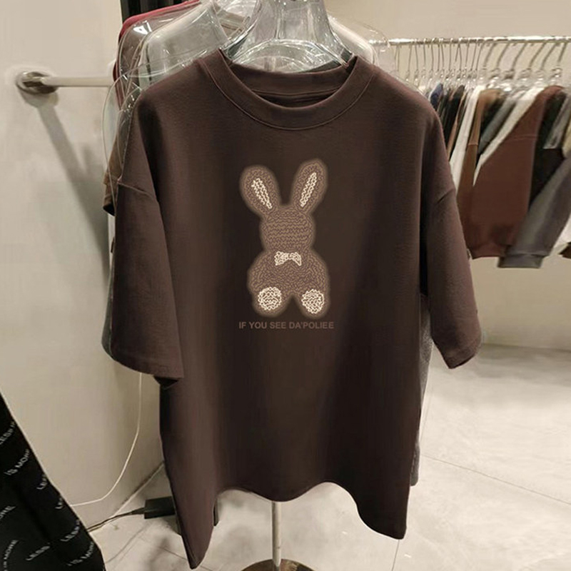 European Station Super Plus Size 1.00 Kg-150.00 kg Plus Size Ladies K-style Cartoon Bunny Print Color-Block Crew Neck Short Sleeve T-shirt Female Fashion