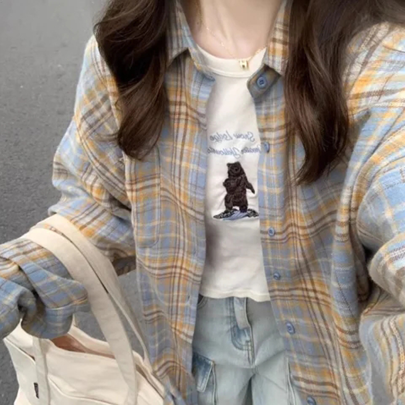 Plus Size Spring and Summer Accessible Luxury Gingham Long Sleeves Shirt Women's Loose All-Matching Slimming Idle Style Mid Length Long Length Shirt Coat