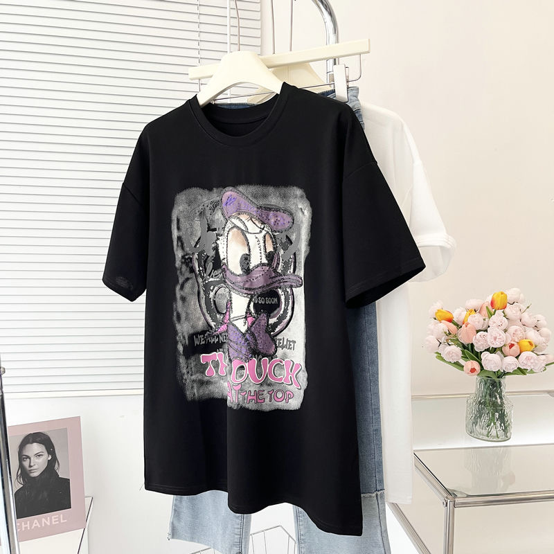 Summer New plus Size Women's Clothing Loose Western Style Half Sleeve Print Top T-shirt with Short Sleeves Women's Mid Length Long Length Hip-Covering Top
