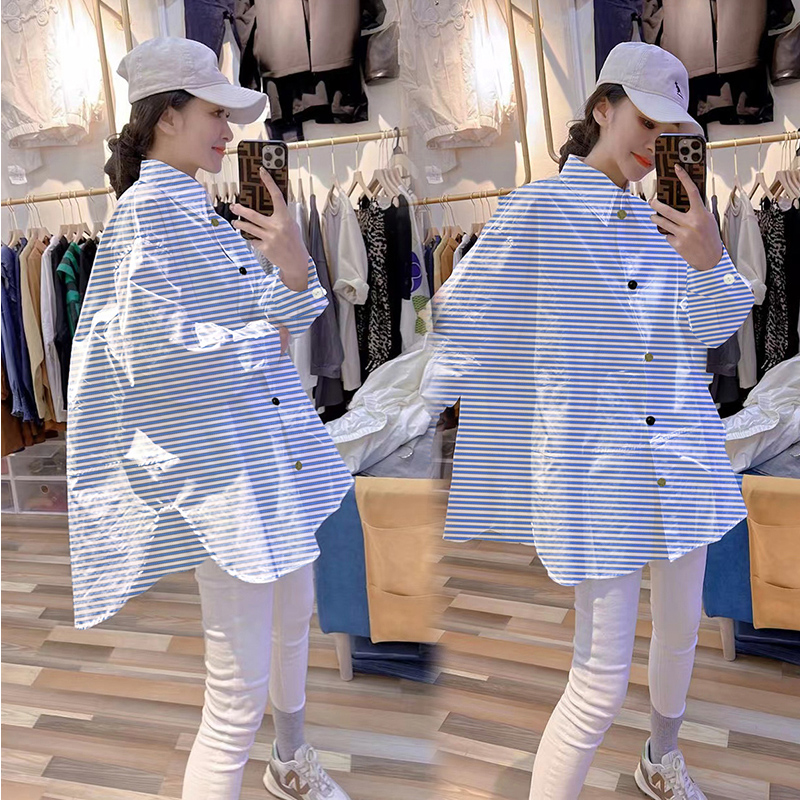 Extra Large Size 1.00 Kg-150.00 kg Mid Length Long Length Alphabet Embroidery Horizontal Striped Shirt for Women European Goods Loose Easiest for Match Western Style Shirt