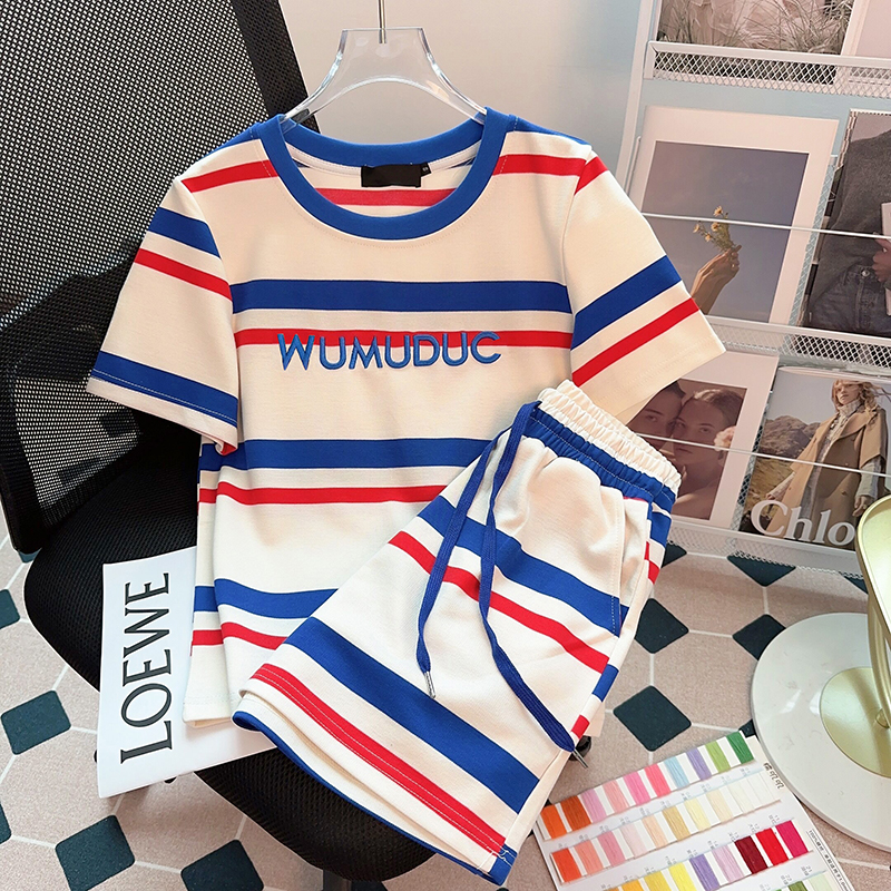 American Style Plus Size 1.00 Kg-150.00 kg Stripes Fashion Sports Set Female Summer Stylish Trendy Ins Loose Two-Piece Suit
