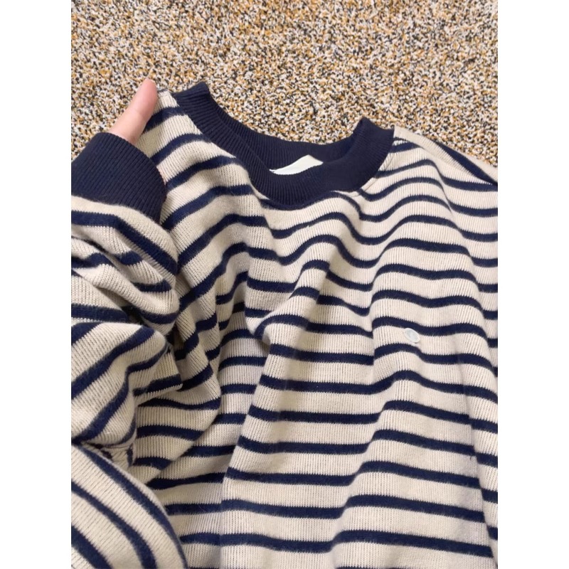 1.00 Kg-150.00 kg Plus Size Stripes round Neck Sweatshirt Female Spring & Fall New Arrival American Retro Chubby Girl Loose Long Sleeve Top Tide